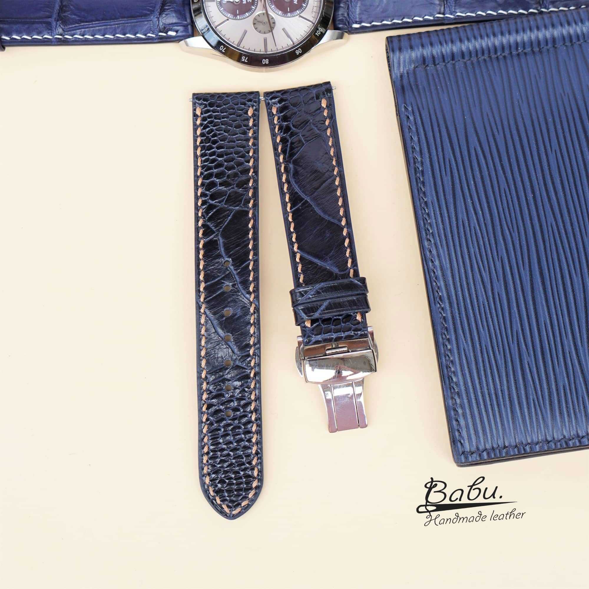 Blue ostrich leg leather handmade watch strap HDOL55