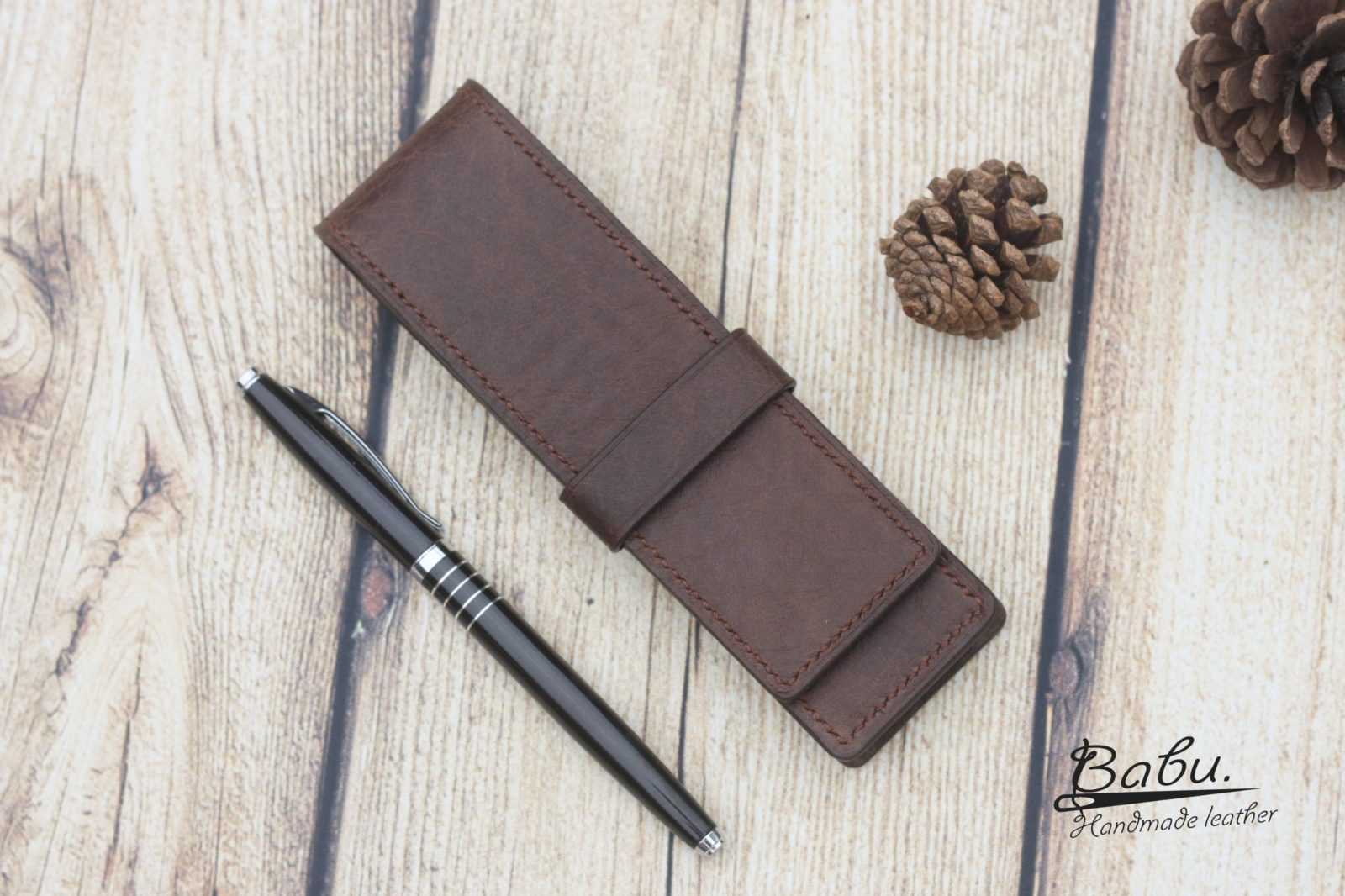 Dark Brown Cow Leather pen holder, Handmade Tuscany leather pen