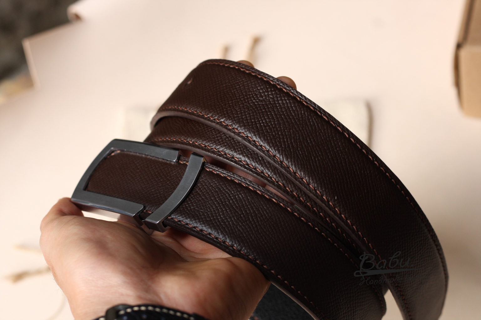 Handmade Dark Brown Epsom Leather Belt, Men's designer belt LB040