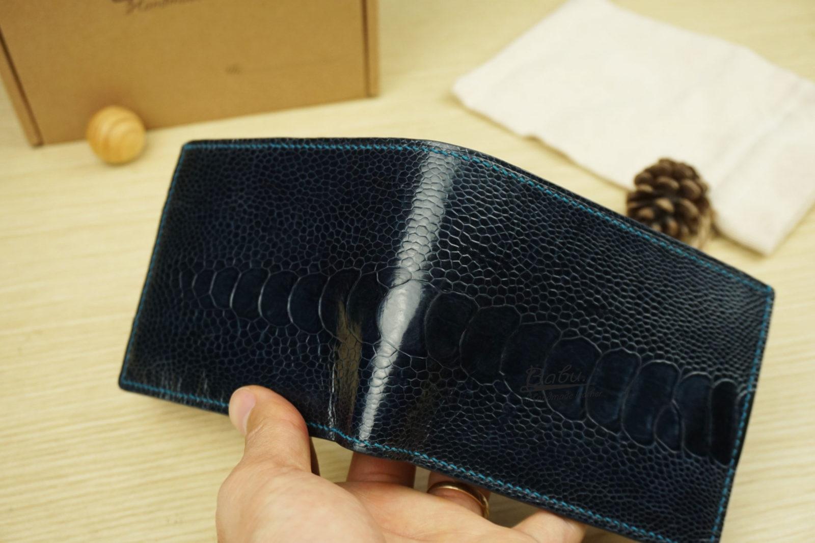 Double Sided Genuine Navy Blue Ostrich Leather Wallet Mens 