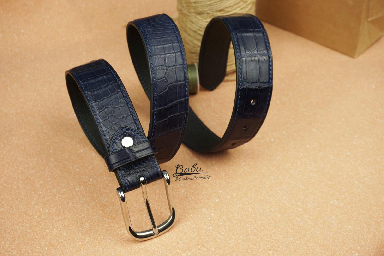 Handmade Alligator Leather Belt, Dark Blue Leather Belt LB043