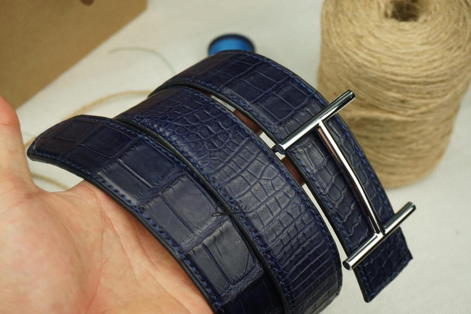 Handmade Alligator Leather Belt, Dark Blue Leather Belt LB043