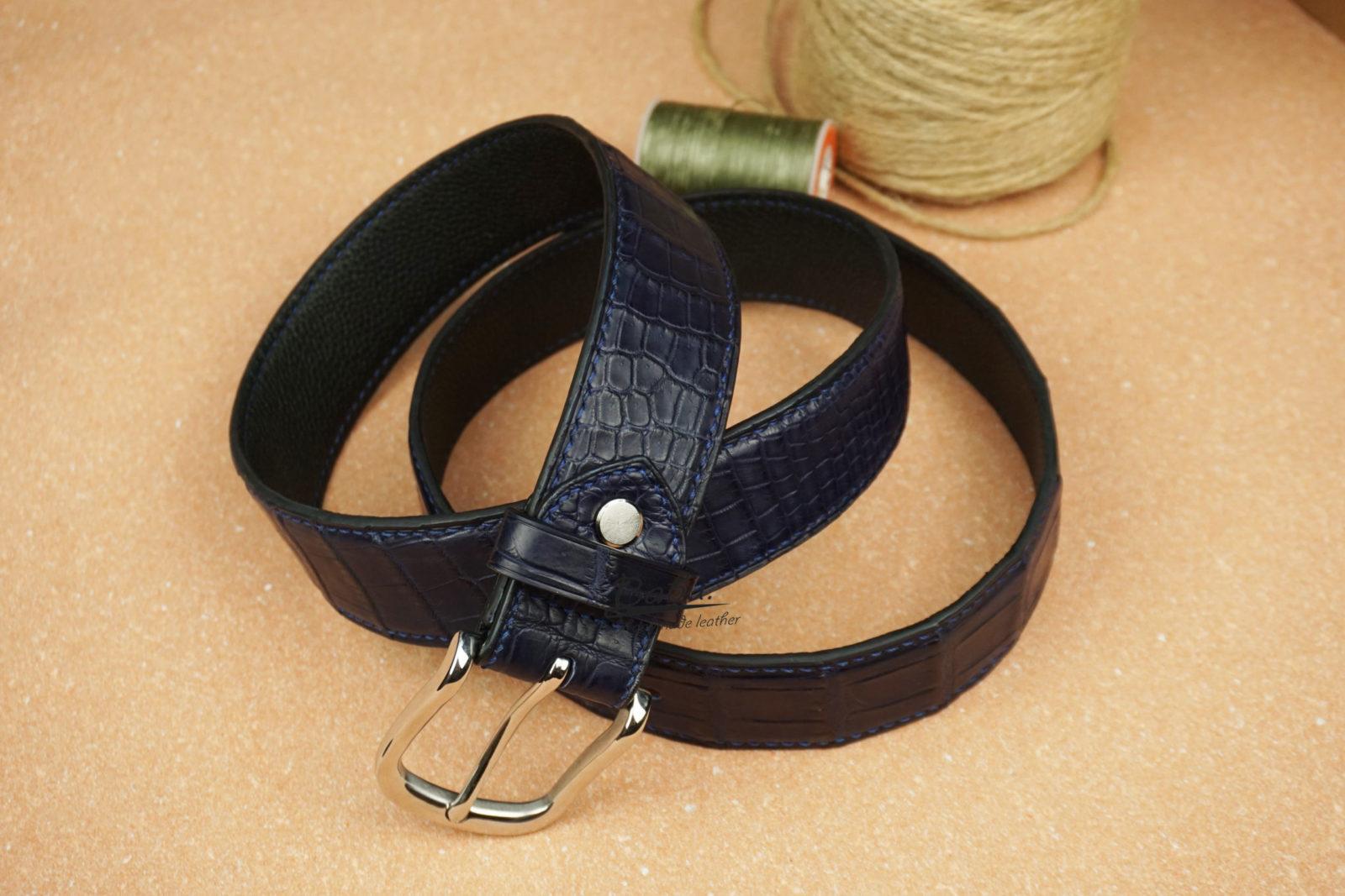 Handmade Alligator Leather Belt, Dark Blue Leather Belt LB043