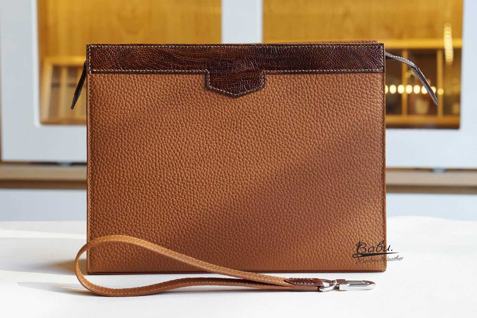 Golden Brown Togo leather clutch, Handmade Togo clutch bag C018