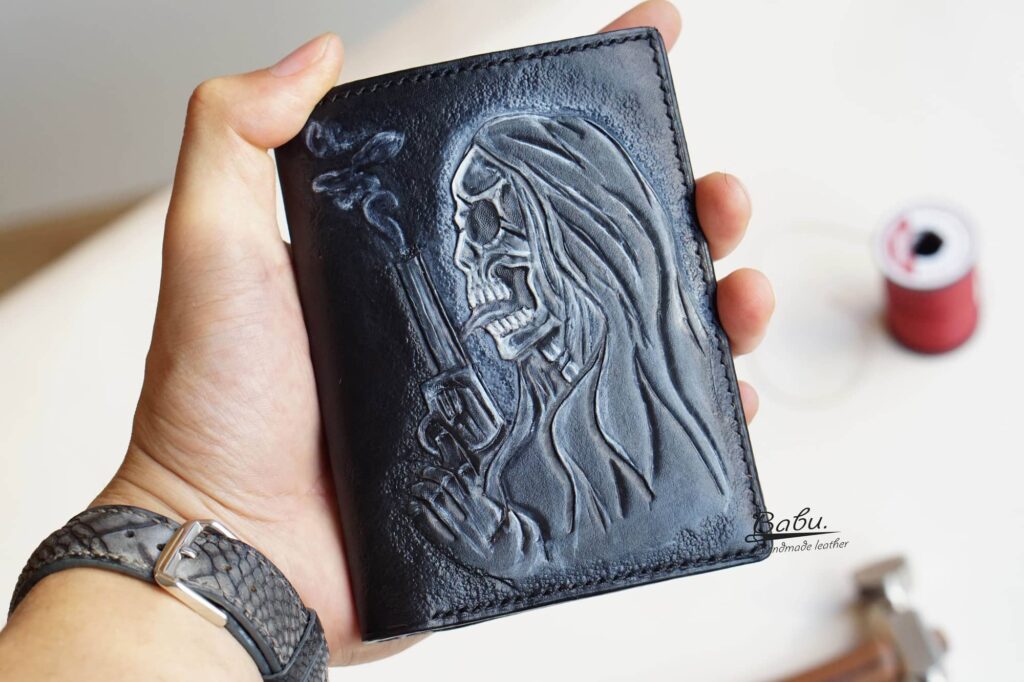 Handmade carved leather bifold wallet, Black Cow leather wallet