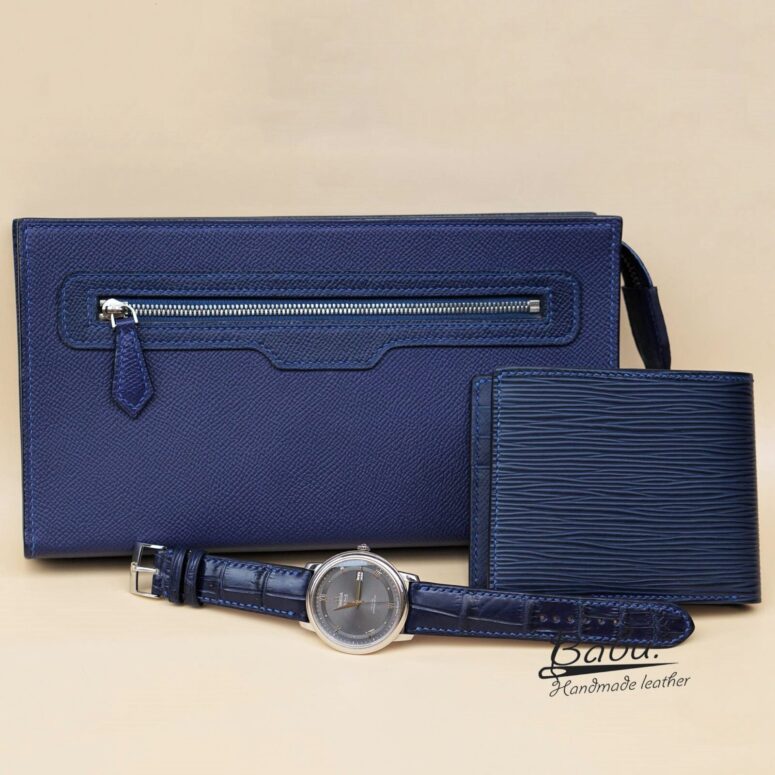 Navy Blue Epi leather wallet, Calf leather bifold wallet