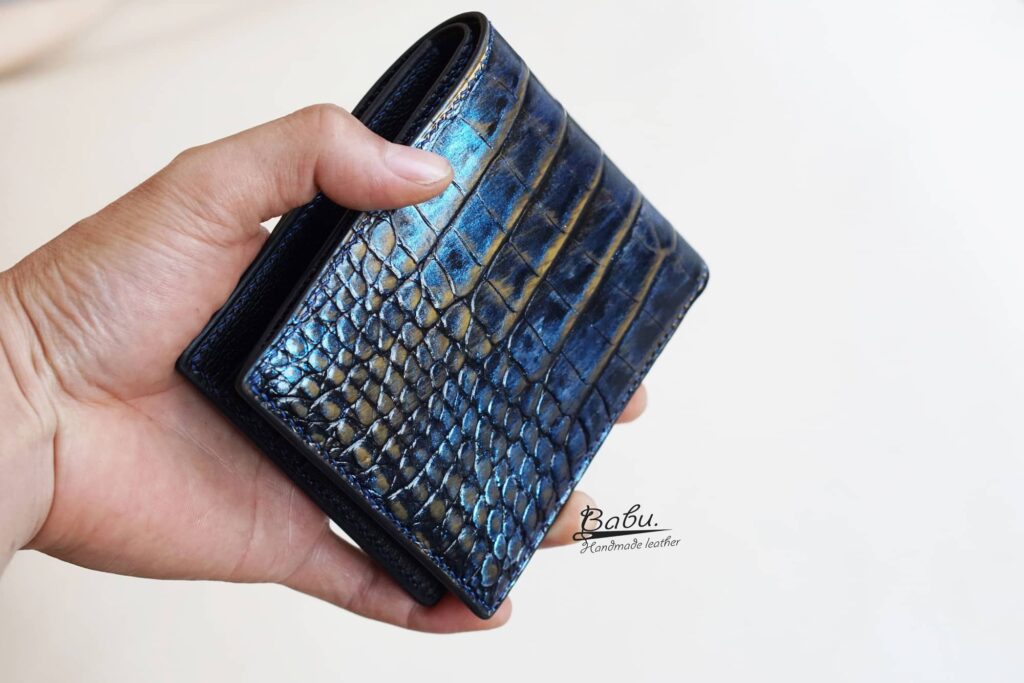 Dark blue crocodile leather wallet. Crocodile leather wallet for men.  Crocodile bifold wallet