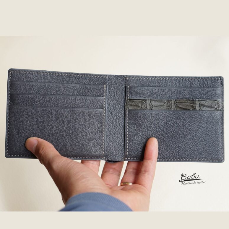 Dark Gray Alligator leather wallet, Handcrafted Alligator bifold wallet