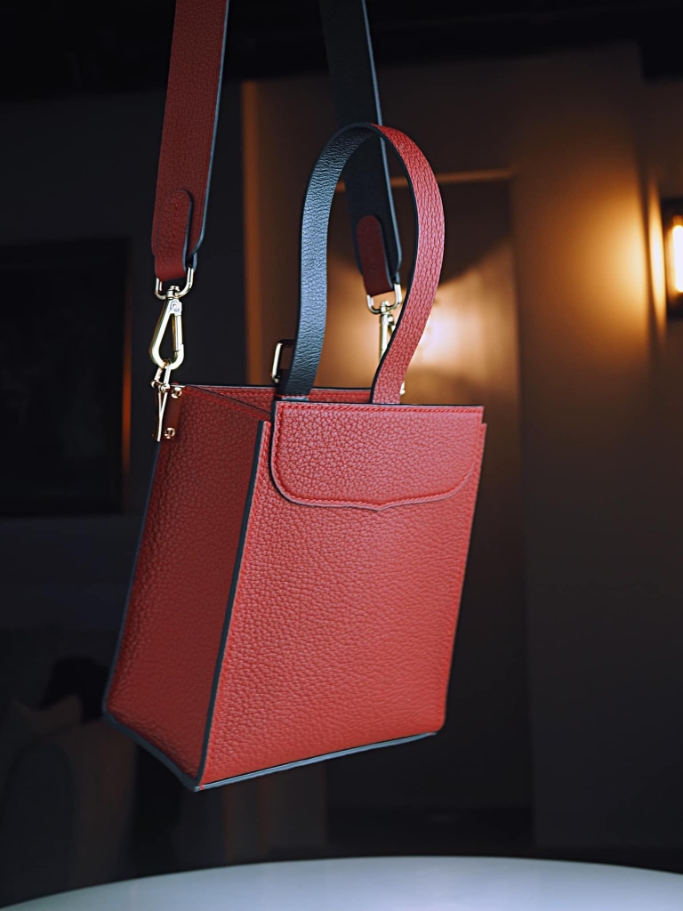 Handmade Togo calfskin leather bag in dark red