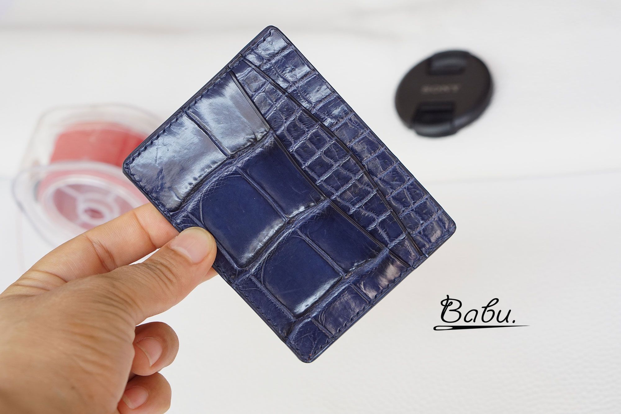Navy Blue Alligator Credit Card Holder, Handmade leather card