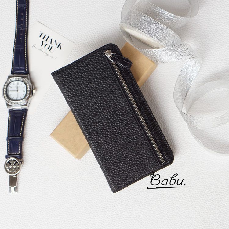 Black Calf leather wallet case for iPhone, Wallet flip phone case handcrafted PHL020