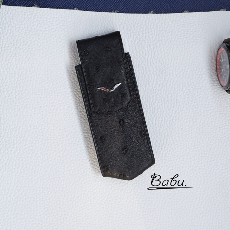 Black Ostrich leather pouch case for Vertu Signature, handcrafted phone case PHL025