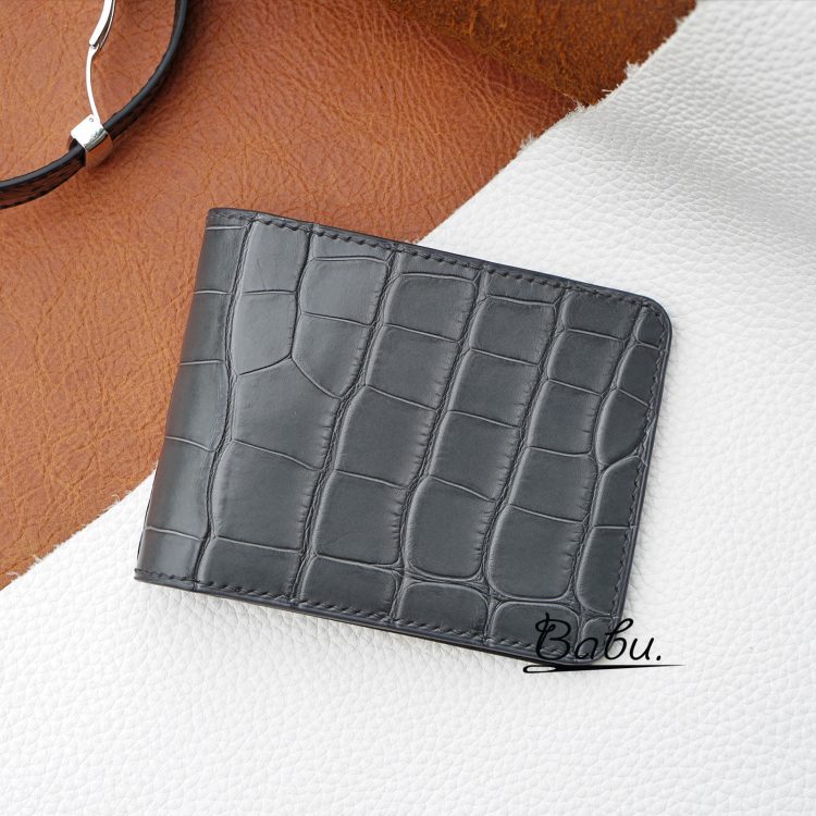 Premium Slim Alligator cash holder, Handmade minimalist leather wallet dark grey WL326