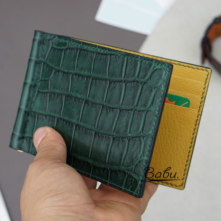Dark Green Crocodile money clip wallet with Goat leather inside CLW321